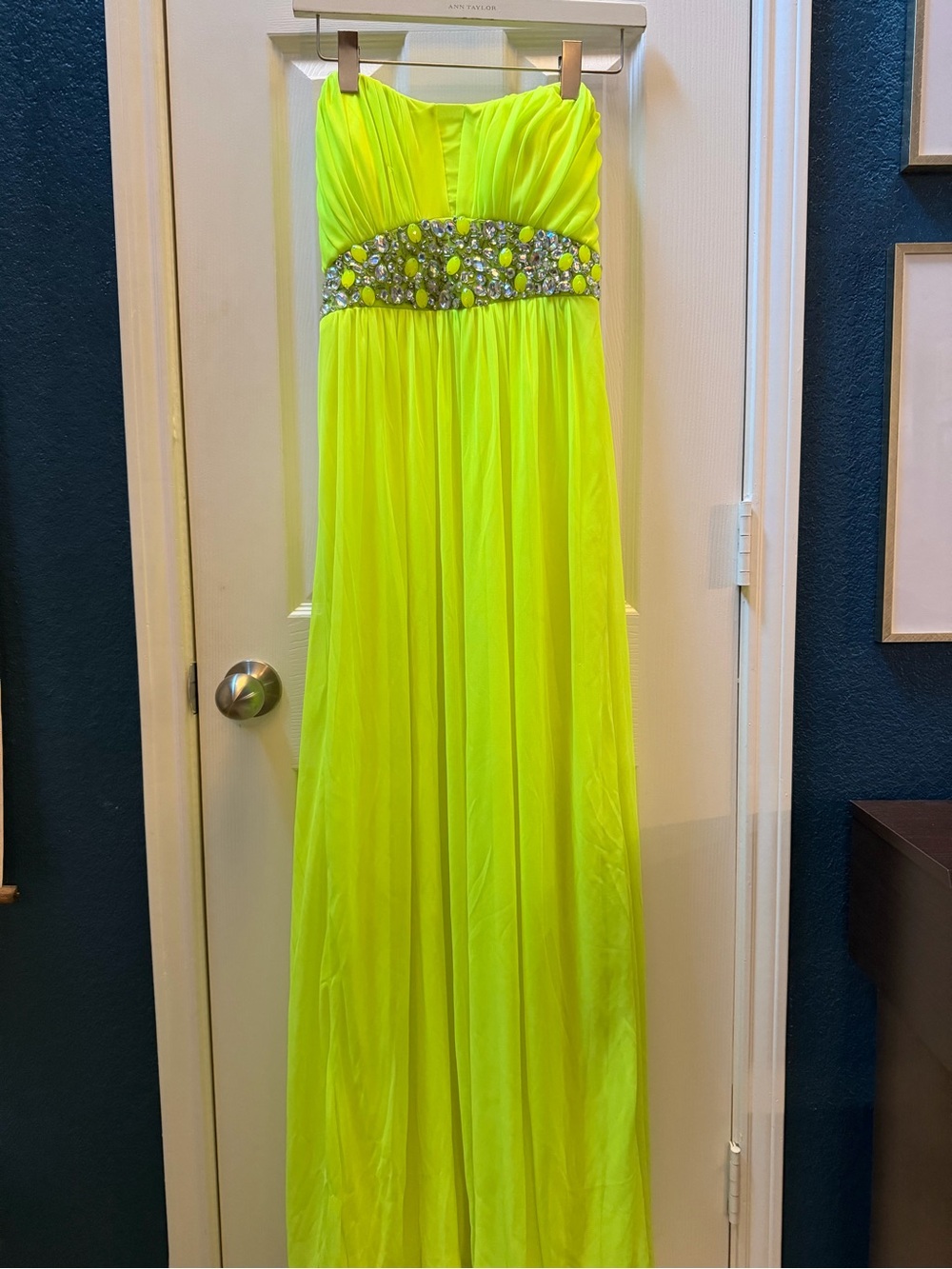 City Triangles Neon Yellow Strapless Jeweled Waist Gown